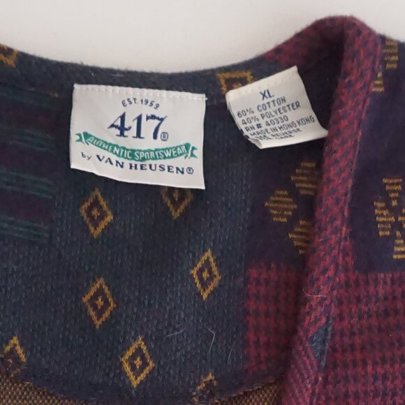 417 by Van Heusen Knit Vest Burgundy Geometric Pattern 90s Eclectic Grandpa XL - Picture 8 of 9